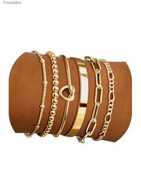 6pcs Gold Plated Bracelets Set for Women Stacking Cuban Paperclip Chain Cuff
